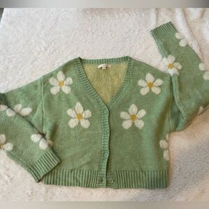 LA Hearts Green and Cream Fuzzy Sweater